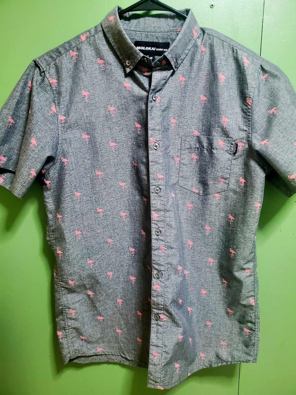 Molokai Grey Short-Sleeve Button-Down Shirt with Pink Flamingo Print